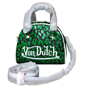 VON DUTCH Black & Green Leopard Print Top Zip Dome Shaped Shoulder Bag NWT